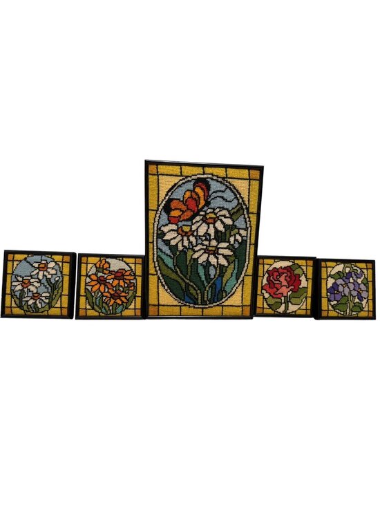 Handmade Other - Framed Floral Needlepoint Wall Art Sunset Designs Stained Glass Vintage 70s
